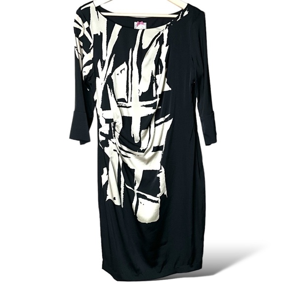 YOANA BARASCHI 100% Silk 3/4 Sleeve Midi Dress Abstract Print on Black US Sz 12 - Picture 1 of 10